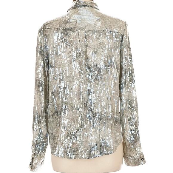 Anthropologie Pilcro Silver and Gray Sequin Button Up Blouse Shirt Sz Large NEW - Picture 4 of 14